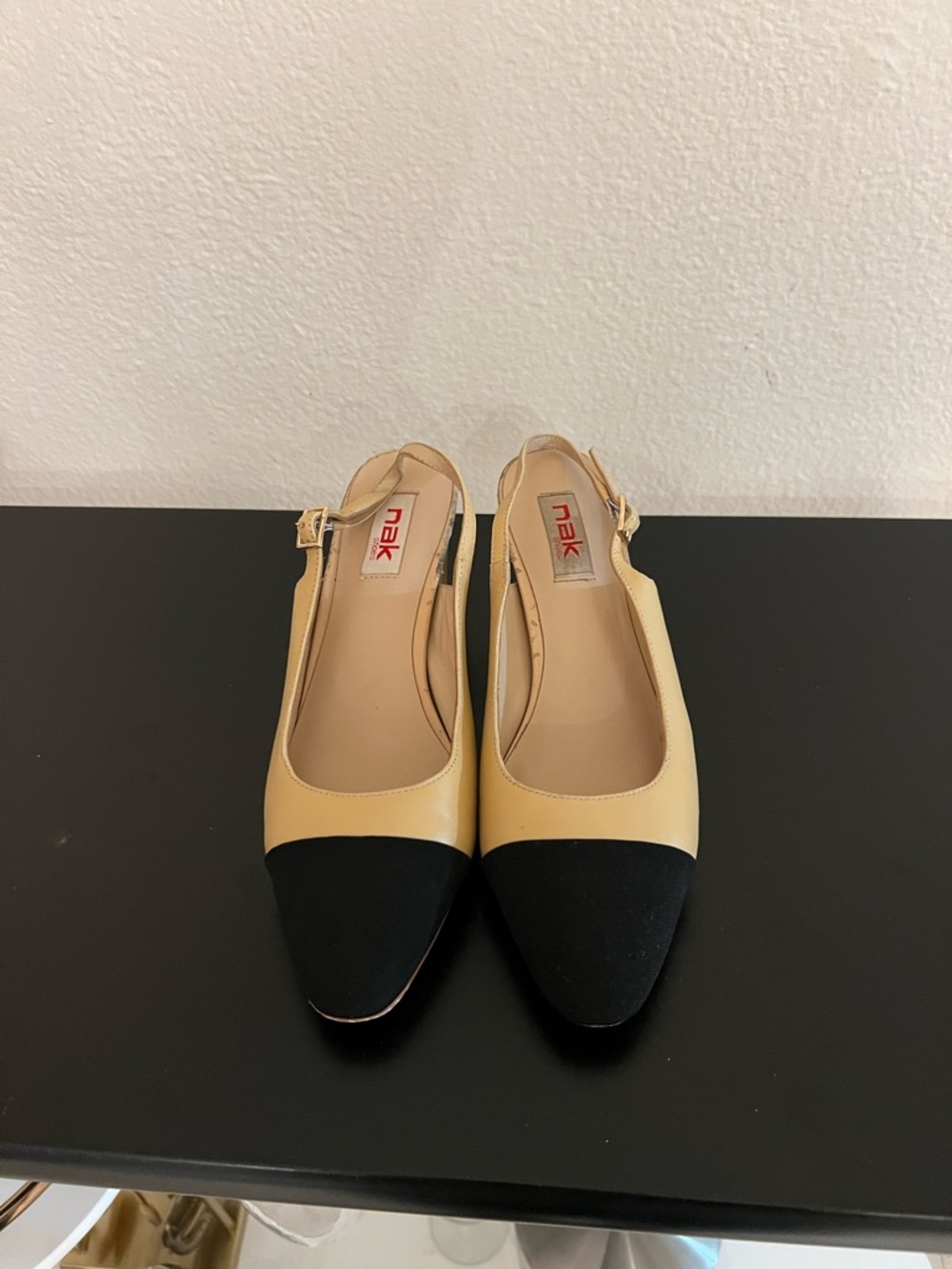 NAK Beige and Black Two-Tone Slingback Flats